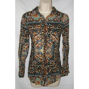 Dark Brown Floral & Paisley Sz Small Long Sleeve Button Up High Low Tunic Shirt